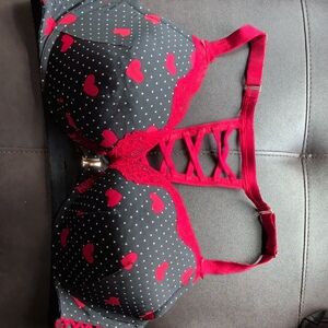 Cacique Black Bra with Red Heart Print & Lace Strappy Front